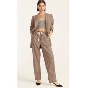 J Crew Pants Women 2 Tie-waist straight-leg honey plaid Italian wool Pull On NEW